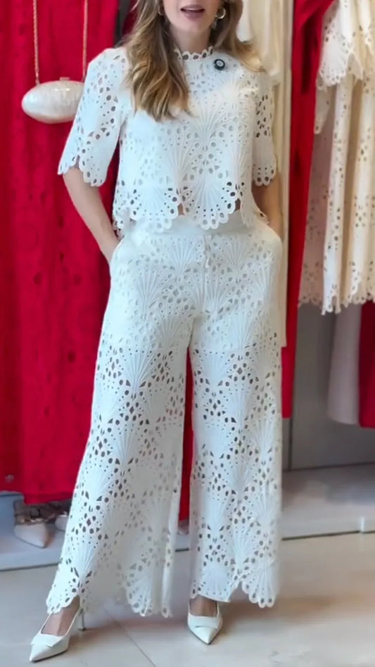 Virelle™ – Embroidered Lace Two-Piece Set for Refined Leisure