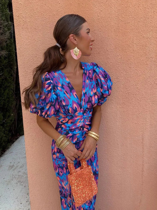 Loren™ – Vibrant Puff Sleeve Dress for Bold